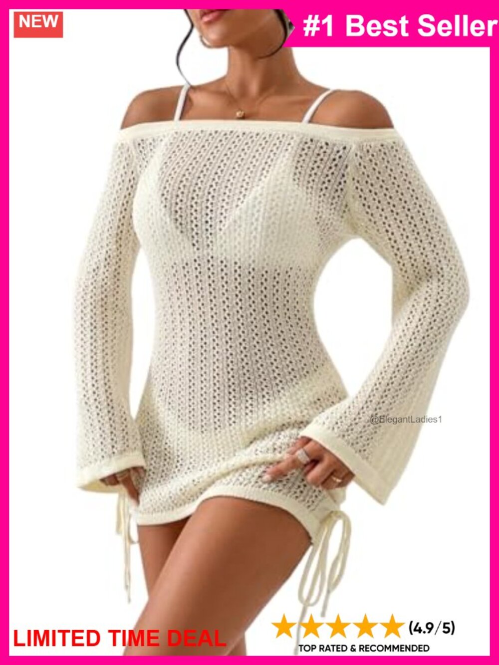 Crochet Knit Mesh Hollow Out Beach Cover Up Dress Drawstring Off Shoulder